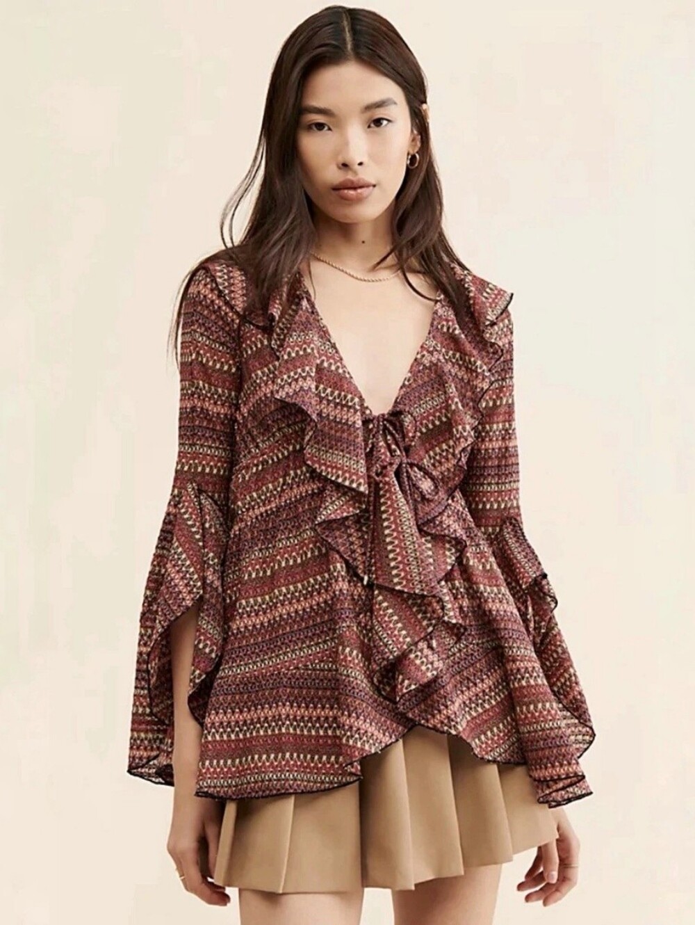 Free People tie-front ruffled blouse long sleeve retro zigzag stripes red XS NWT